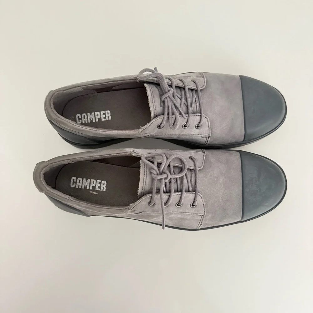 Camper Pix Gray Black Cap Toe Leather Oxford Shoes Women 39 Minimalist Comfort - Picture 6 of 7
